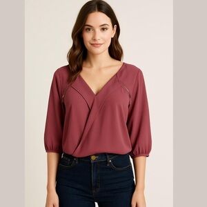 2/$30 2B Bebe Mauve 3/4 Sleeve Faux Wrap Zipper Front Career Blouse Size Large